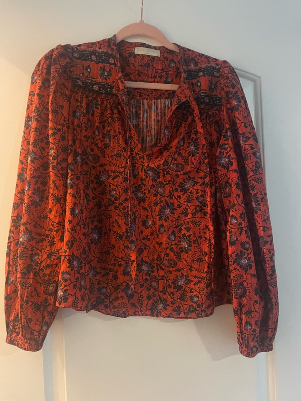 Ulla Johnson Rust and Black Floral Tie-Neck Blouse